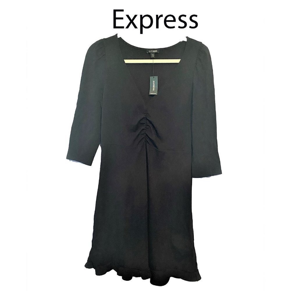 NWT Express Size Medium Midi "Slip On" Black Dress V-NECK